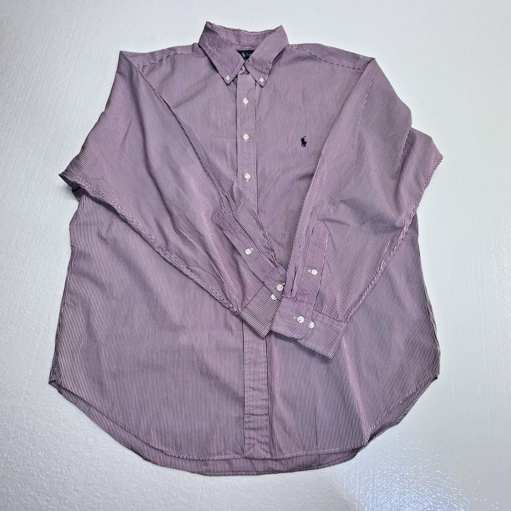 Ralph Lauren Button Down Mens 17.5 34/35 Burgundy Pinstripe Classic Fit Preppy